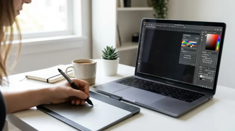 Mano femminile che disegna con una penna su una tavoletta grafica accanto a un laptop con software di design e AI creativa