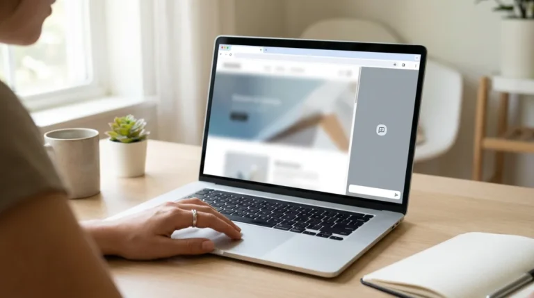 Mano femminile su un laptop con un browser AI e assistente laterale aperto
