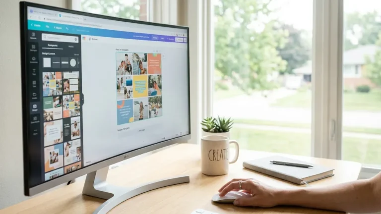 Schermo desktop con app Canva AI aperta su scrivania luminosa, mano femminile sul mouse