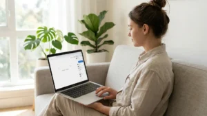 Imprenditrice che usa ChatGPT Atlas, il browser AI di OpenAI, su un MacBook