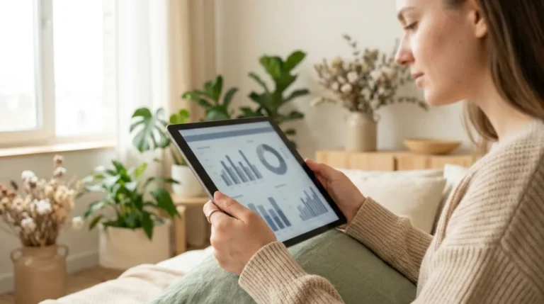 Imprenditrice che analizza un report di ricerca di mercato su un tablet