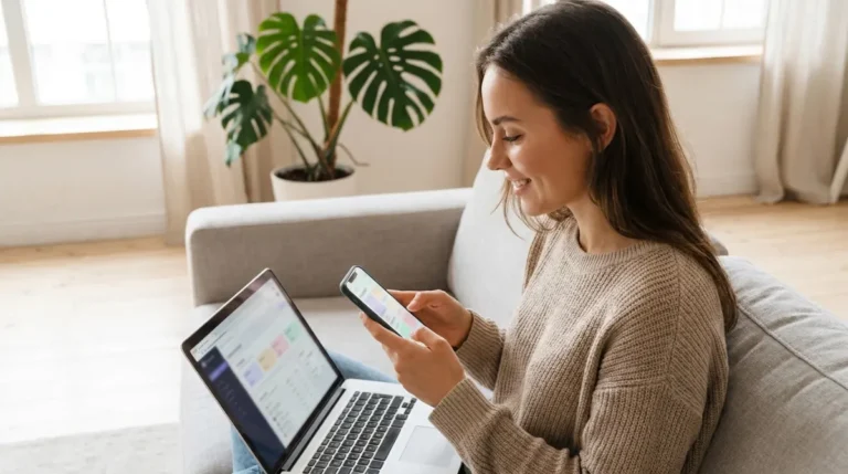 Imprenditrice che usa Emergent AI sullo smartphone per costruire un'app senza programmare