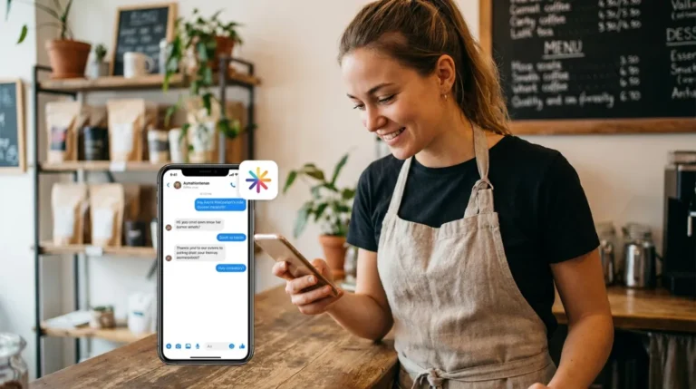 Imprenditrice usa Gemini sullo smartphone nel suo piccolo negozio per gestire il profilo Google