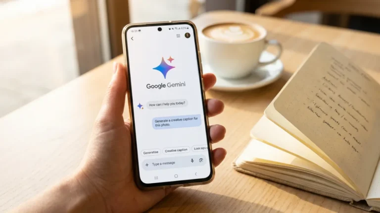 Mano femminile tiene uno smartphone con la app Google Gemini al tavolino di un bar