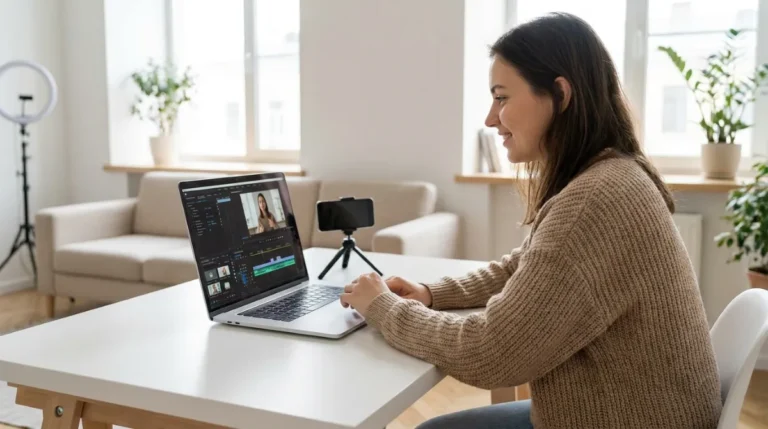 Donna crea un video con avatar AI al laptop, confronto tra HeyGen e Synthesia