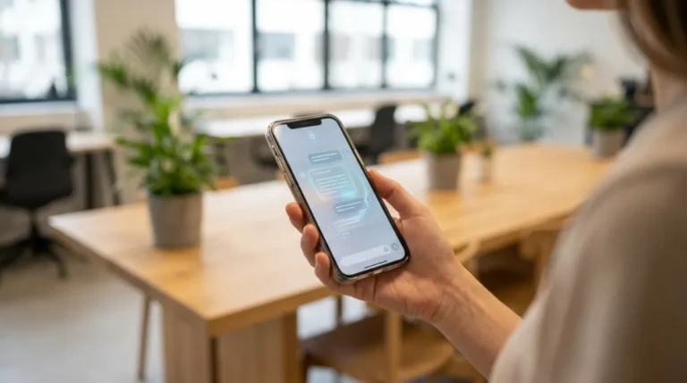 Mano femminile che tiene uno smartphone con un assistente AI mentre lavora in uno spazio di coworking