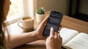 Mano femminile tiene uno smartphone con l app ChatGPT aperta su una scrivania luminosa