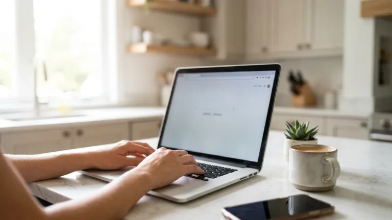 Mani femminili digitano su un laptop con un browser aperto, foto realistica