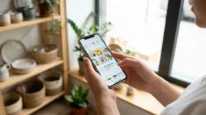 Mani femminili con smartphone che mostra annunci social in una boutique, Canva Grow 2.0