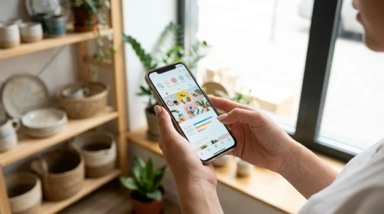 Mani femminili con smartphone che mostra annunci social in una boutique, Canva Grow 2.0