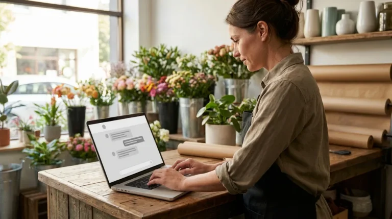 Imprenditrice nel suo negozio di fiori usa ChatGPT per piccole imprese al laptop