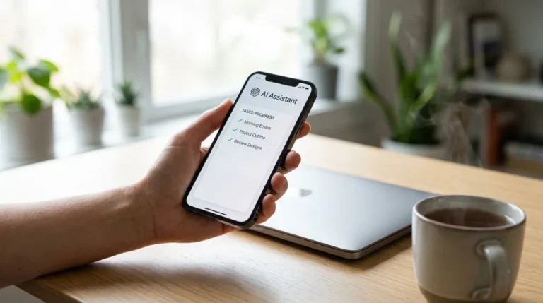 Mano femminile con smartphone che mostra un assistente AI al lavoro accanto a un laptop chiuso su una scrivania luminosa