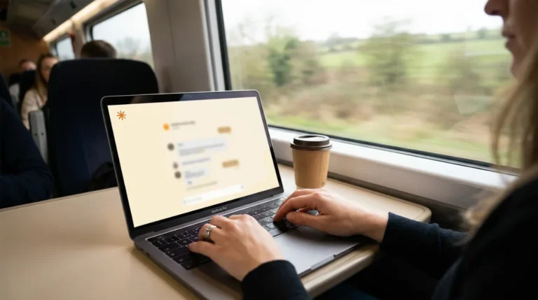 Donna che lavora al laptop con Claude Fable 5 aperto durante un viaggio in treno