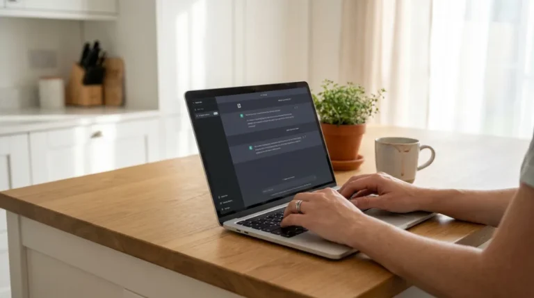 Mani femminili al laptop con interfaccia di assistente AI in una cucina luminosa, Claude Opus 5
