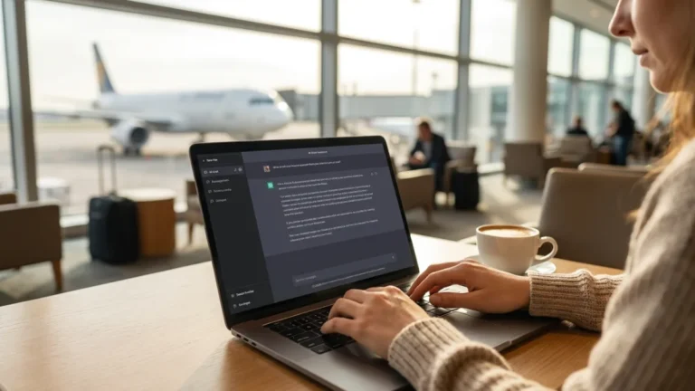Imprenditrice al laptop con interfaccia di assistente AI in una sala d'aeroporto luminosa