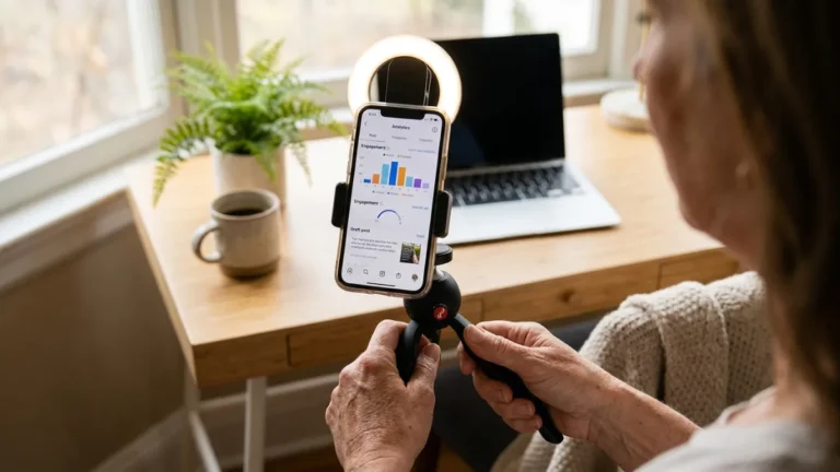 Imprenditrice usa Facebook Creator Studio su smartphone con ring light nel suo angolo di creazione contenuti