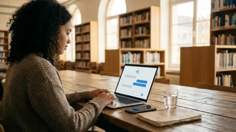 Imprenditrice al laptop con interfaccia di assistente AI Gemini in una biblioteca luminosa