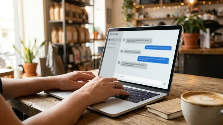 Mani femminili al laptop in un bar con interfaccia di chat AI sullo schermo