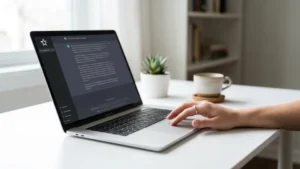Laptop che mostra l’interfaccia di Grok, la AI di Elon Musk, su una scrivania luminosa