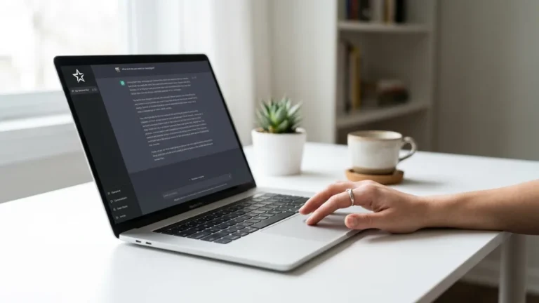 Laptop che mostra l’interfaccia di Grok, la AI di Elon Musk, su una scrivania luminosa