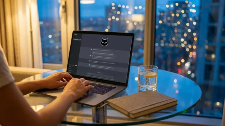 Donna al laptop di sera prova LongCat 2.0, il modello AI open source, su un tavolo di vetro con luci della città sullo sfondo