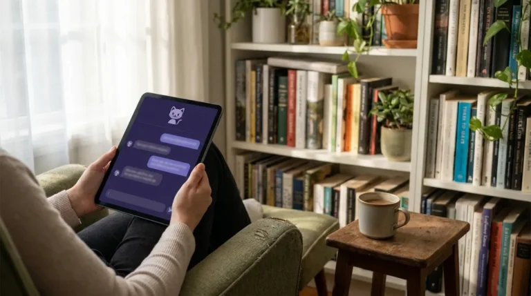 Donna consulta Lumo 2.0, l'assistente AI privato di Proton, su tablet in un angolo lettura