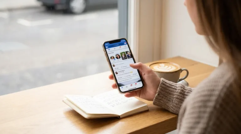 Donna che usa Meta AI su Facebook dallo smartphone in un caffè