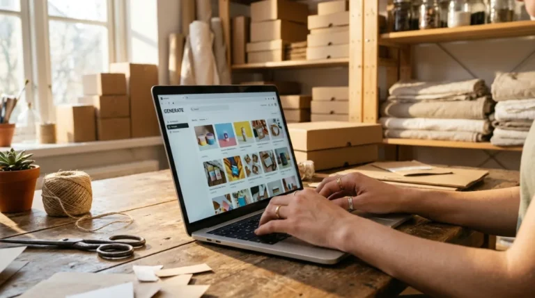 Mani femminili al laptop in un atelier artigianale mentre generano immagini prodotto con Nano Banana 2 Lite